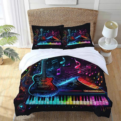 Music Guitar Piano Theme 3 Pieces Duvet Cover Comforter Set with 2 Pillowcase Full Size Musical Instrument Bed Sheet Quilt Bedroom Bedding for Lover Kids