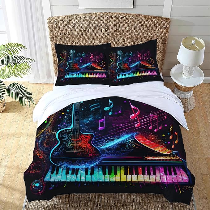 Music Guitar Piano Theme 3 Pieces Duvet Cover Comforter Set with 2 Pillowcase King Size Musical Instrument Bed Sheet Quilt Bedroom Bedding for Lover Kids