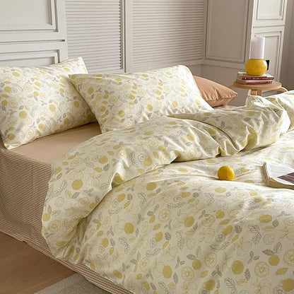 AOJIM Aesthetic Fruit Pattern Duvet Cover Set for Kids Adults, Super Soft 100% Cotton Comforter Cover Set 3pcs, 1 Yellow Lemon Quilt Cover King Size and 2 Matching Pillowcases for Room Decor, No Quilt