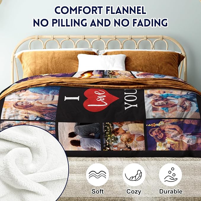 Yoke Style Ships Next Day - Printed in USA, I Love You Custom Blanket with Picture for Couples, Personalized Photo Blanket Valentine's Day Gifts for Girlfriend, Boyfriend, Wife, Husband