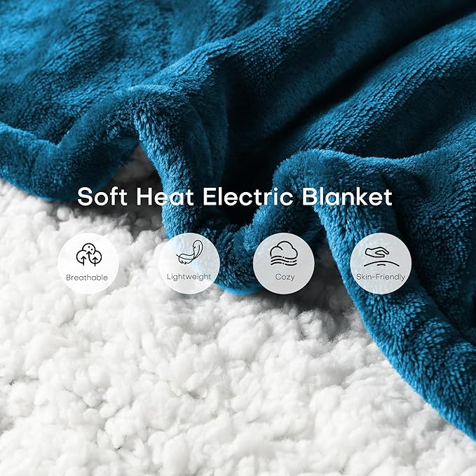 Electric Heated Blanket Throw Size 50"x60", 5 Heat Settings- 3H Auto Shut Off Flannel Material&Sheepskin Fabric, Machine Washable, Lake Blue&White