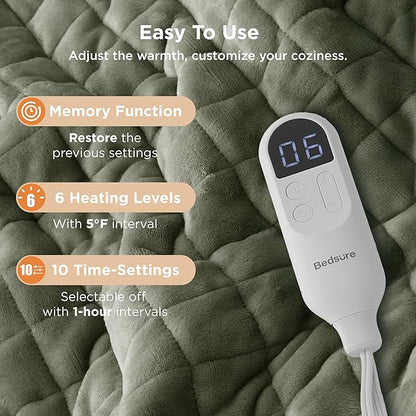 Bedsure Electric Blanket Twin - Quilted Heated Blanket Twin Size, Soft Flannel Thick Heating Blanket with 10 Time Settings & 6 Heat Settings, Warm Gifts for Women Men (62x84 inches, Olive Green)