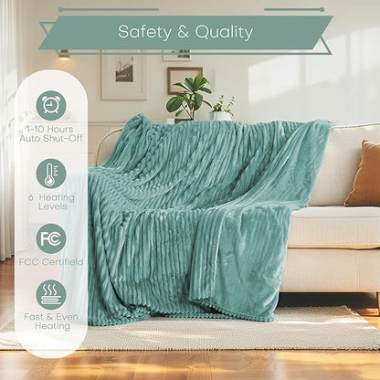 Electric Heated Blanket 72"x84" Full Size with Cozy Flannel, 6 Heat Settings & 10 Hours Auto Off, Soft & Cozy Warming Throw for Home, Office, or Bed, Machine Washable, Bean Green