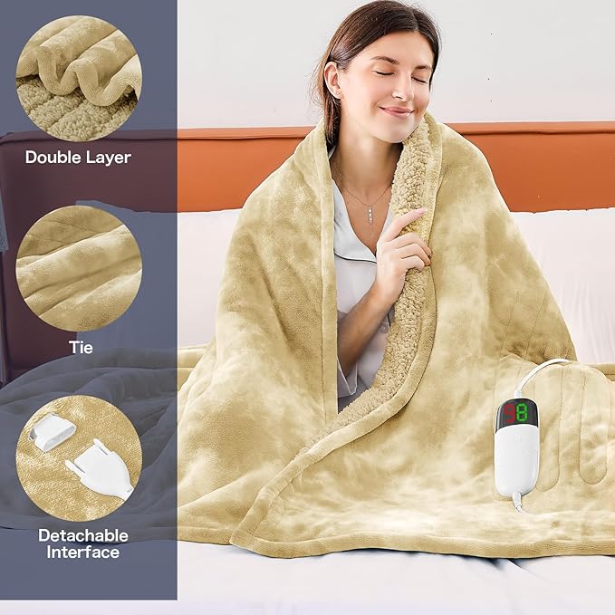 greenoak Heated Electric Blanket Throw, Faux Fur Sherpa Heating Blanket for Sofa Bed, Warm Winter Gifts for Mom/Grandma, Heater Lap Blankets 5-Position Timer &10 Heating Levels 50''*60" Beige