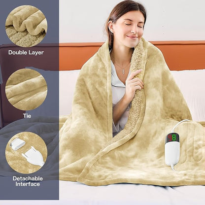greenoak Heated Electric Blanket Throw, Faux Fur Sherpa Heating Blanket for Sofa Bed, Warm Winter Gifts for Mom/Grandma, Heater Lap Blankets 5-Position Timer &10 Heating Levels 50''*60" Beige