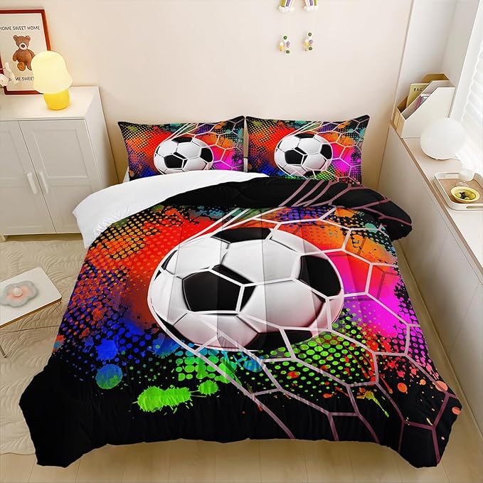 Colorful Soccer Themed Comforter 3Pcs Queen Gaming Football Net Bedding Set for Kid Teen Girl Boy Adult Ball Sports Games Graffiti Football Quilt Room Decor with 1 Comforter and 2 Pillowcases