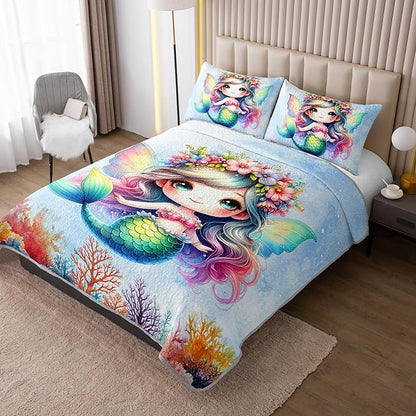 Mermaid Quilted Quilt Twin Bedding Sets for Girls,Cute Mermaid Tail Coral Printed Bedding for Kids Bedroom Glitter Decor,All Season Bed Sets with 2 Pillowcases.