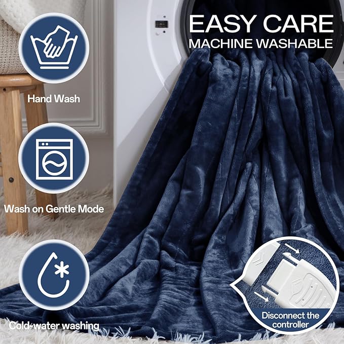 Electric Blanket King Size, Heated Blanket Soft Flannel Heating Blanket King Size with 10 Hours Auto Off, 8 Heating Levels, Machine Washable ETL Certification (Navy Blue, 90" x 100")