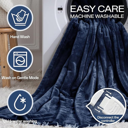 Electric Blanket King Size, Heated Blanket Soft Flannel Heating Blanket King Size with 10 Hours Auto Off, 8 Heating Levels, Machine Washable ETL Certification (Navy Blue, 90" x 100")