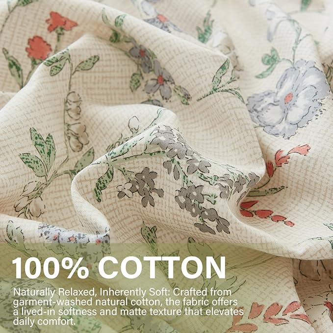 Floral Duvet Cover Set Twin Size 100% Cotton Green Floral Comforter Cover 2 Pcs Lightweight Soft Aesthetic Floral Bedding Sets