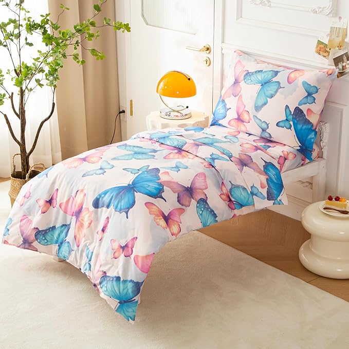 SDIII 4 Piece Butterfly Toddler Bedding Set, Soft Butterfly Toddler Bedding Sets for Girls with Comforter, Fitted Sheet, Flat Sheet and Pillowcase