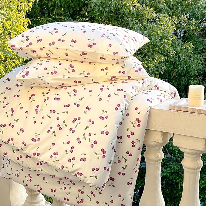 AOJIM Cherry Printed Duvet Cover Set for Kids Adults, Soft 100% Cotton Cute Bedding, Aesthetic Room Decor Comforter Cover with Fruit Motifs, Quilt Cover 3 Pieces (Twin Size), No Comforter
