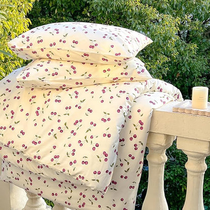 AOJIM Cherry Printed Duvet Cover Set for Kids Adults, Soft 100% Cotton Cute Bedding, Aesthetic Room Decor Comforter Cover with Fruit Motifs, Quilt Cover 3 Pieces (Twin Size), No Comforter