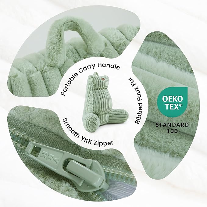 Amélie Home Faux Fur Reading Pillow with Pocket for Sitting in Bed, Adult Backrest Bed Pillow with Washable Cover for Lounging, Study & Relaxing, Sage Green 29 inches