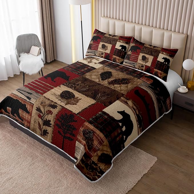 Rustic Black Bear Quilt Bedding Queen 3Pcs Natural Forest Wild Hunt Animal Bear Nut Bed Set Retro Flower Grid Pattern Bedspread Coverlet with 2 Pillowcases for Kid Boy Girl Teen Adult Bed Decor