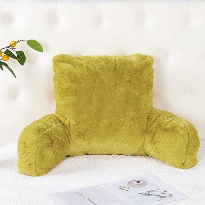 Plush Faux Fur Backrest Reading Bed Rest Pillow with Arms and Pockets for Sitting in Bed Couch Sofa, Back Support Wedge Cushion with Removable Cover, 20" x 18" x 17", Mustard Yellow
