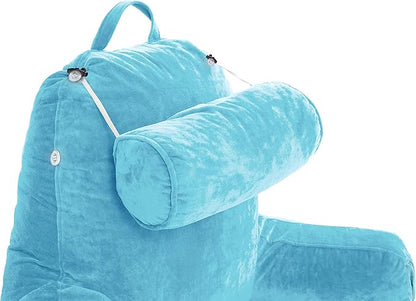 Husband Pillow Medium Carolina Blue, Backrest for Kids, Teens, Petite Adults - Reading Pillows with Arms, Adjustable Plush Memory Foam, Bed Rest Chair Sitting Up, Detach Neck Roll, Removable Cover