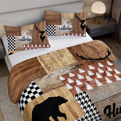QOOMO Hunting Quilt Set Full/Queen Size,Farmhouse Bedspread Coverlet Set,Deer Bear 3Pcs Bedding Set Printed Quilt with 2 Pillowcases,Soft and Lightweight,for All Seasons