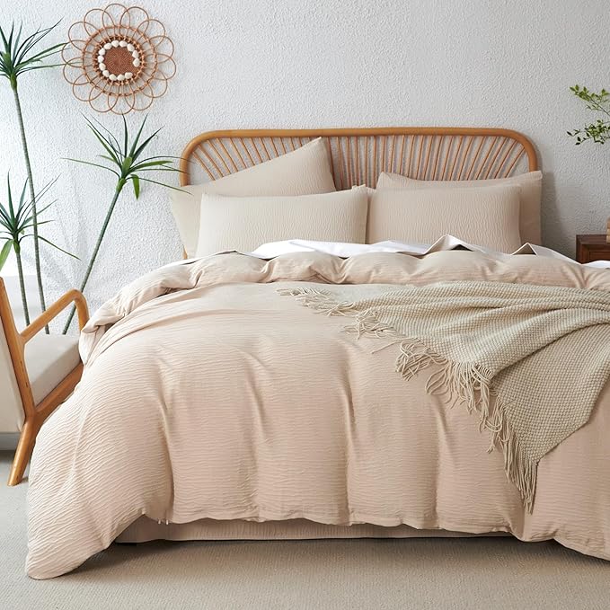 Duvet Cover King Beige, Luxury Brushed Microfiber Double-Layer Crinkle Gauze Beige King Duvet Cover, 3 Pieces Bedding for All-Season, Soft Breathable with Zipper Closure (No Comforter)