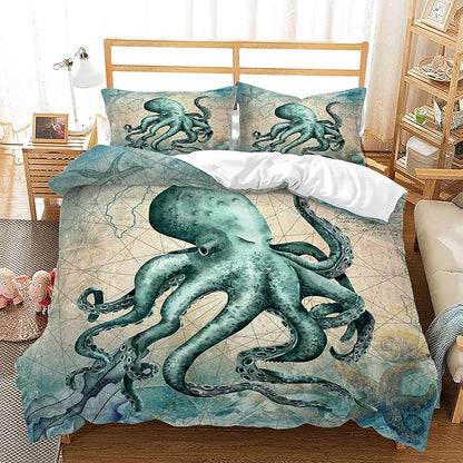 CVHOUSE Octopus Duvet Cover Queen Size,Sea Animal Mediterranean Style Design Bedding Set,Ocean Comforter for Kids Teens,1 2 Pillowcases 3 Piece Queen 89'x89'