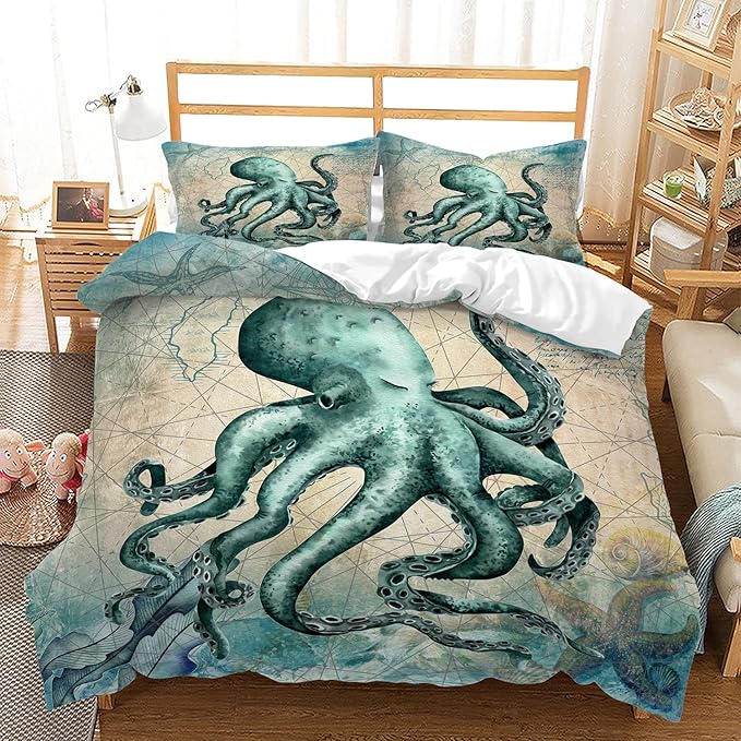 CVHOUSE Octopus Duvet Cover Twin Size,Sea Animal Mediterranean Style Design Bedding Set,Ocean Comforter for Kids Teens,1 2 Pillowcases 3 Piece Twin 71'x87'