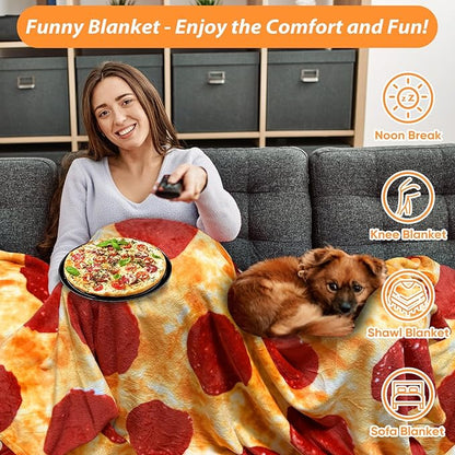 HDFK Pizza Blanket Adult Size, Round Food Blankets Funny Gifts Realistic Cheese Pepperoni Cozy Throw Double-Sided Short Plush Flannel Soft Fuzzy Novelty Red 71 inches for Couch Bed Lightweight