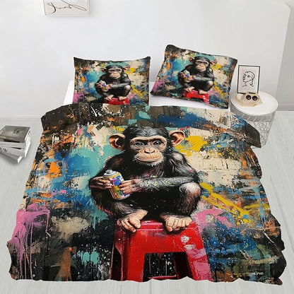 Chimpanzee Duvet Cover Full Size, Street Graffiti Gorilla Bedding Set 3 Piece Bedroom Decor Fun Colorful Comforter Cover and 2 Pillow Sham with Zipper Closure