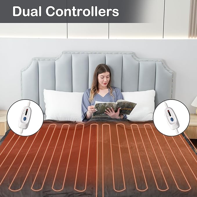 Electric Heated Blanket Queen Size 84"x90", Dual Control Fast Heating Cozy Heated Blanket for Bed, 10 Hours Auto Off & 4 Heating Levels, Warm Gift for Grandma-Dark Gray