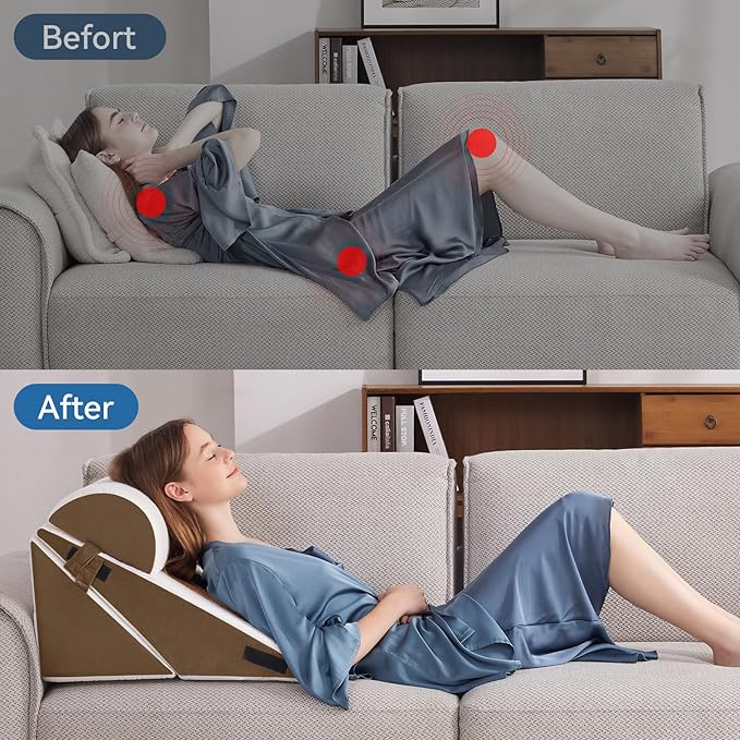 Wedge Pillow Set for After Surgery, 3 PCS Bed Wedge Pillow for Sleeping, Memory Foam Orthopedic Back Pillow for Pain Relief and Acid Reflux, Adjustable Post Surgery Pillow Brown