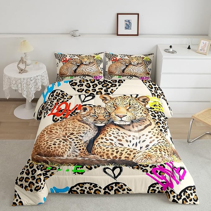 Leopard Comforter Set Twin Size,Cheetah Family Bedding Set 2pcs for Kids Teens Adults Room Decor,Wild Animals Skin Quilt Set Fashion Watercolor Graffiti Heart Quilt Duvet with 1 Pillowcase