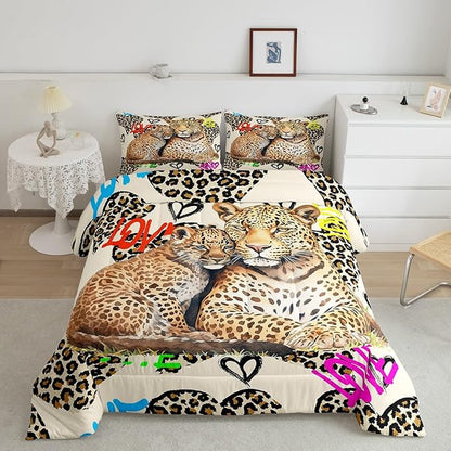 Leopard Comforter Set Twin Size,Cheetah Family Bedding Set 2pcs for Kids Teens Adults Room Decor,Wild Animals Skin Quilt Set Fashion Watercolor Graffiti Heart Quilt Duvet with 1 Pillowcase