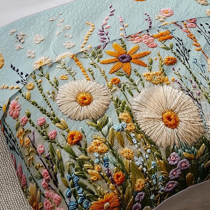 QOOMO Flower Quilt Set Twin Size,Floral Bedspread Coverlet Set,Embroidered Flower 3Pcs Bedding Set Printed Quilt with 2 Pillowcases,Soft and Lightweight,for All Seasons