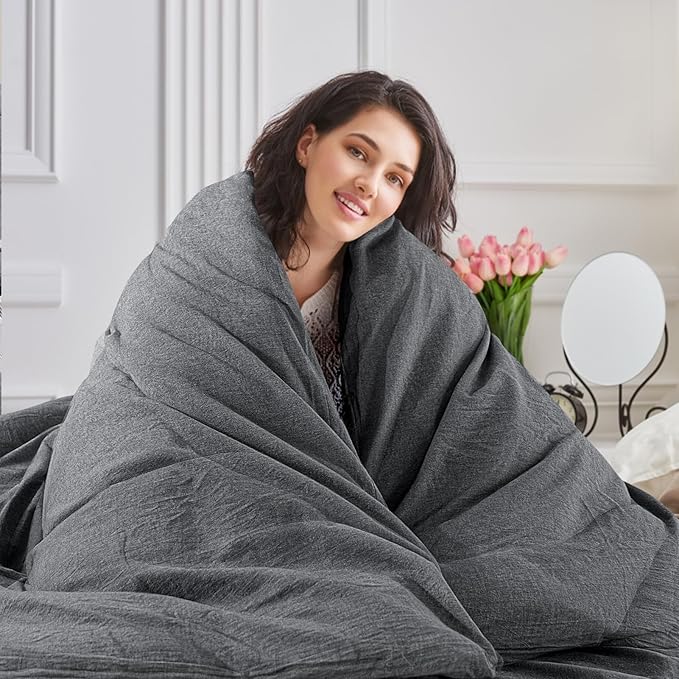 NEXHOME PRO Duvet Cover King 100% Washed Cotton, Organic Natural Linen Like Textured Breathable Durable Bedding Set Heather Black 10490