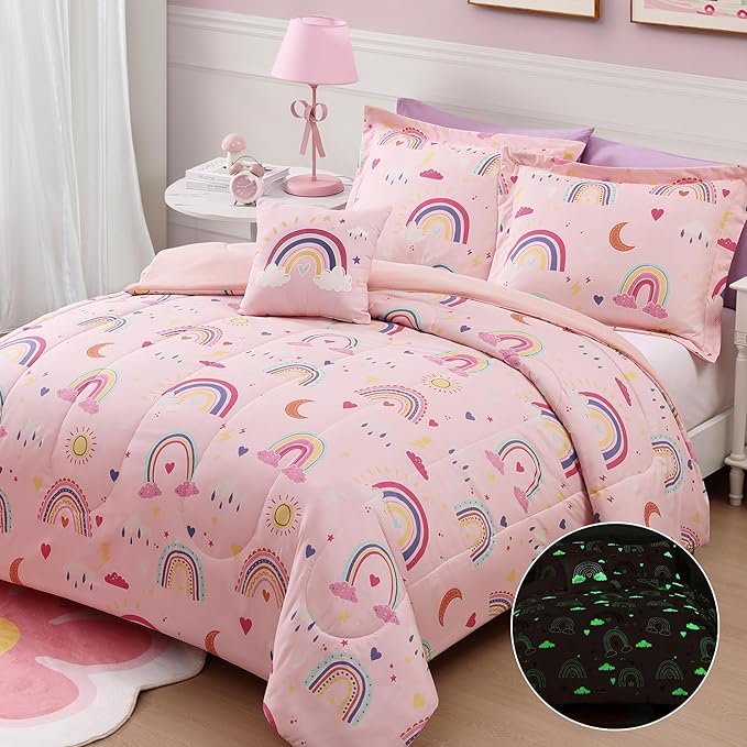 Full Size Comforter Set for Girls-4 Pieces Pink Rainbow Glow in The Dark Full Bedding Sets for Kids, 1 Comforter, 2 Shams and 1 Decor Pillow