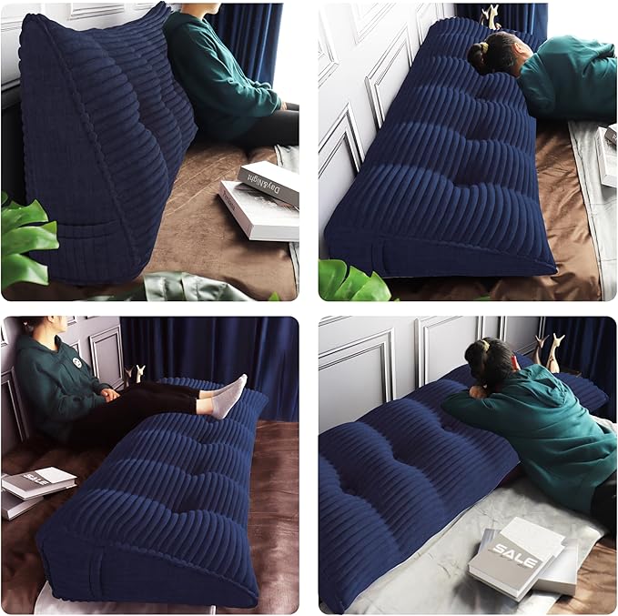 Daneey Headboard Wedge Pillow Bed Wedge Pillow for Headboard Bolster Reading Pillow for Bed Back Pillow for Sitting in Bed Wedge Pillow with Removable Corduroy Cover (Deep Blue, Queen)