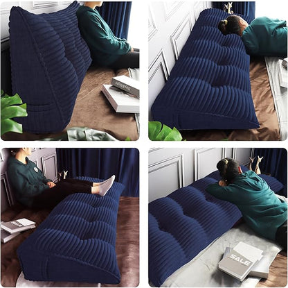 Daneey Headboard Wedge Pillow Bed Wedge Pillow for Headboard Bolster Reading Pillow for Bed Back Pillow for Sitting in Bed Wedge Pillow with Removable Corduroy Cover (Deep Blue, Full)