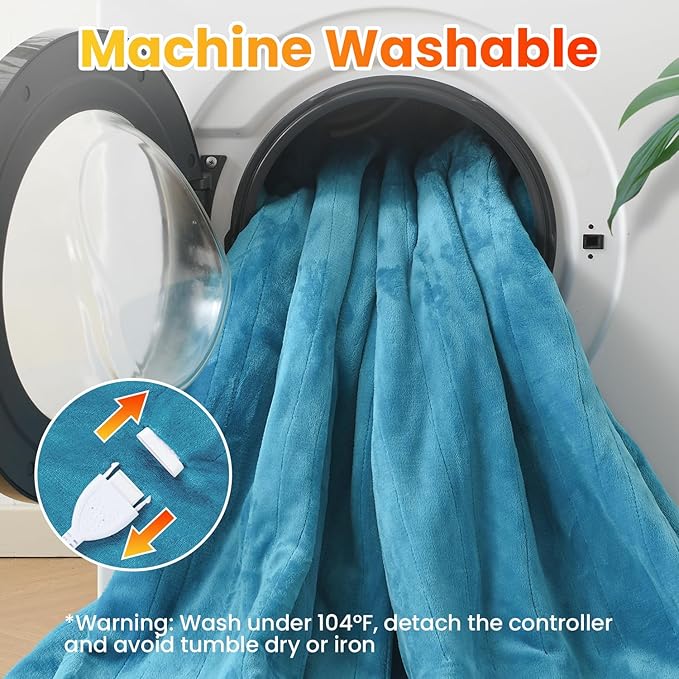 WOOMER Electric Heated Blanket Queen Size, Soft Flannel Fast Heating Blanket, Teal Color, 84"x 90", 10 Heating Levels & 0.5-12H Auto Off, Over-Heat Protection