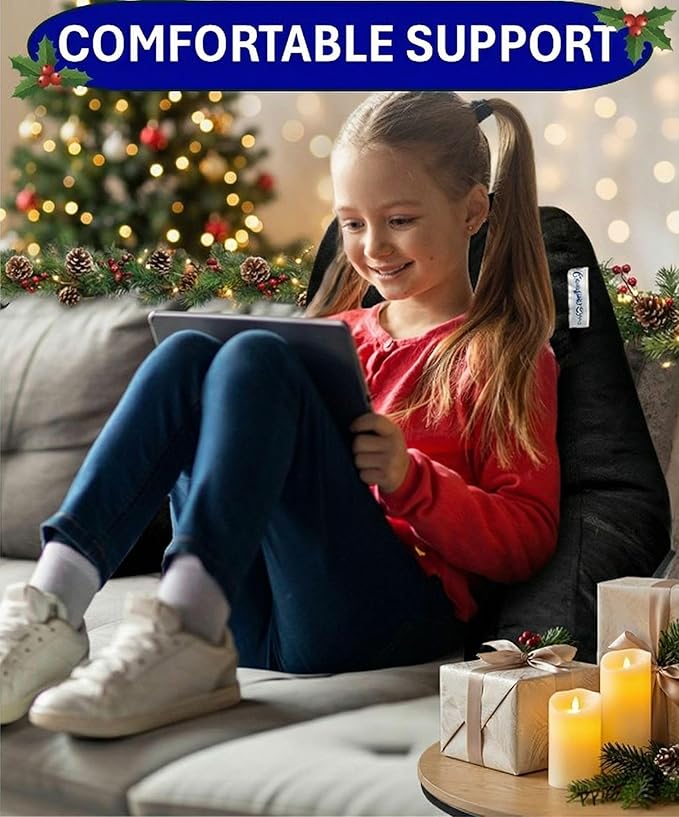 ComfortSpa Reading Pillow for Kids Teens Adult, Back Rest Pillow with Arms, Pockets, Washable Cover; Use as a Back Pillow for Bed Sitting Up for Bedrest or Relief from GERD Heartburn (Standard Black)