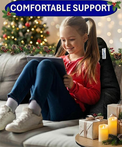 ComfortSpa Reading Pillow for Kids Teens Adult, Back Rest Pillow with Arms, Pockets, Washable Cover; Use as a Back Pillow for Bed Sitting Up for Bedrest or Relief from GERD Heartburn (Standard Black)