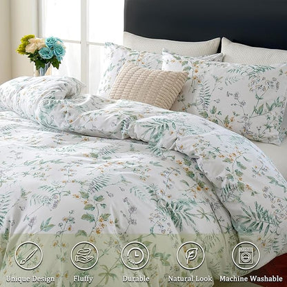 100% Cotton Duvet Cover Set Queen Size Vintage Chic Style Green Floral Duvet Cover Lightweight Floral Bedding Set with Zipper Closure for All Season, Exquisite, Ultra Soft