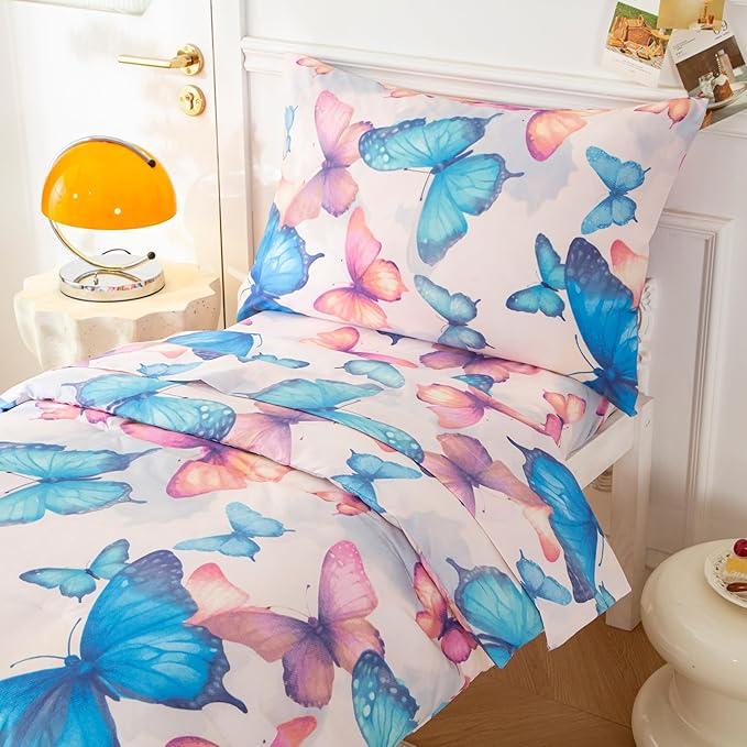 SDIII 4 Piece Butterfly Toddler Bedding Set, Soft Butterfly Toddler Bedding Sets for Girls with Comforter, Fitted Sheet, Flat Sheet and Pillowcase