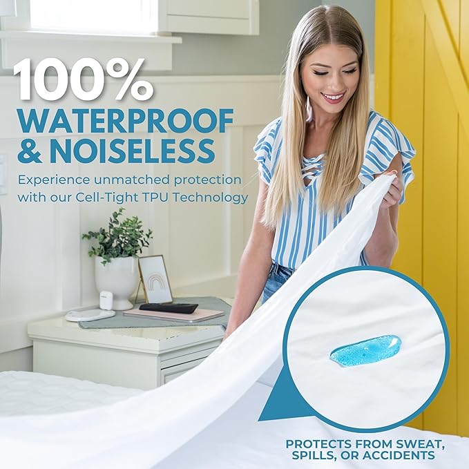 Queen Size 60x80” Premium Waterproof Zippered Mattress Encasement, 100% Cotton, Hypoallergenic, Six Sided Mattress Cover, Invisible Zippered, Soft Breathable up to 15" Deep - Rest Line