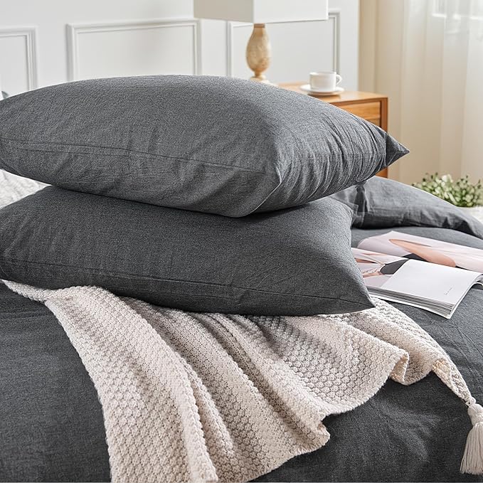 NEXHOME PRO Duvet Cover Queen 100% Washed Cotton, Organic Natural Linen Like Textured Breathable Durable Bedding Set Heather Black 9090