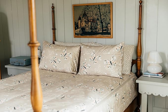 Beddy's Butterfly Themed Durable Zipper Bedding for Kids, Bed in a Bag, Beige Sheets & Comforter with Butterflies, Hearts & Floral Design, Includes Pillowcase & Pillow Sham, Easy to Make & Wash