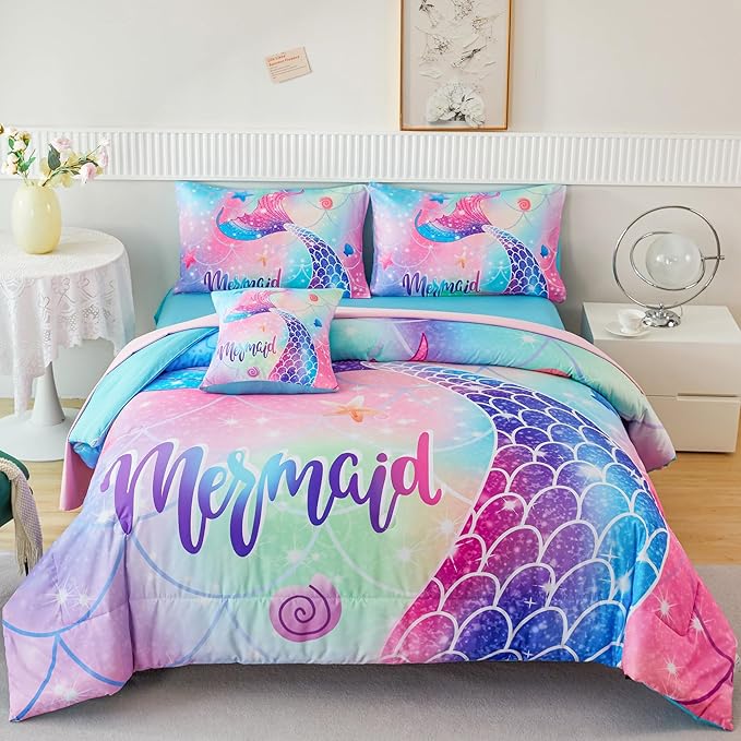 RYNGHIPY Mermaid Queen Kids Bedding Set, Rainbow Comforter Set with Sheets, 6 Pieces Teen Girls Bed in a Bag
