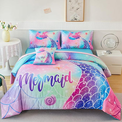 RYNGHIPY Mermaid Queen Kids Bedding Set, Rainbow Comforter Set with Sheets, 6 Pieces Teen Girls Bed in a Bag