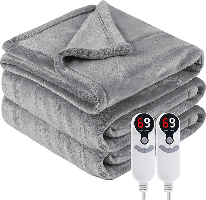 Electric Heated Blanket Queen Size 84"x 90",Dual Control Super Cozy Soft Warm with 6 Heat Levels &1-10 Hours Auto Off, Home Office Use & Machine Washable, Gray