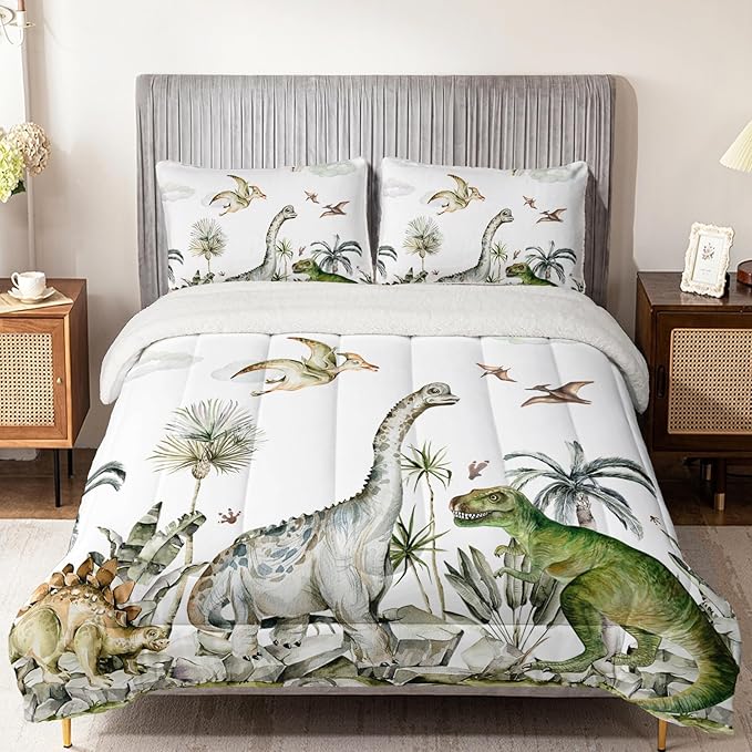 QOOMO Jurassic Period Dinosaurs Sherpa Comforter Set King, Primitive Senling Sherpa Fleece, Plush and Warm Bedding Comforter Sets, Down Alternative Ultra Soft and Cozy Comforter Set for Boys, 3-Piece