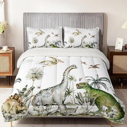 QOOMO Jurassic Period Dinosaurs Sherpa Comforter Set King, Primitive Senling Sherpa Fleece, Plush and Warm Bedding Comforter Sets, Down Alternative Ultra Soft and Cozy Comforter Set for Boys, 3-Piece