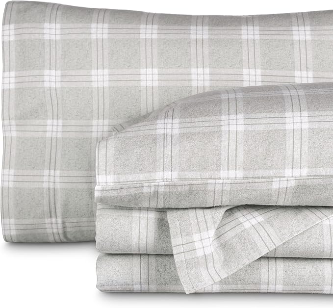 Bare Home Cotton Flannel Sheet Set Prints, 100% Cotton, Velvety Soft Heavyweight - Double Brushed for Softness & Comfort - Deep Pocket - Bed Sheet (Cal King, Checkered Plaid - Light Grey)